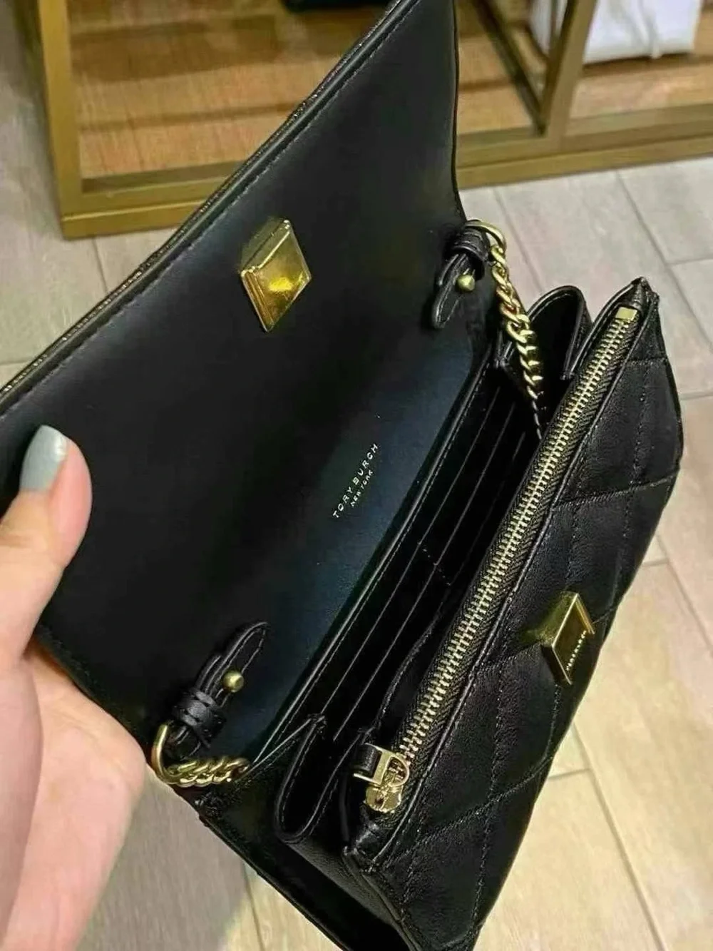 NWT Tory Burch Quilted Black Leather Clutch with Gold Logo